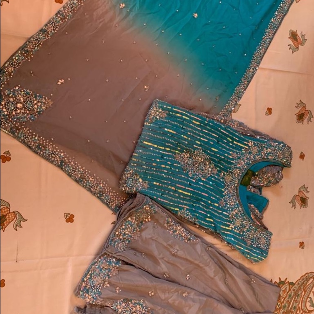 Blue and Grey Sequined Pajami Suit Simple Dupatta